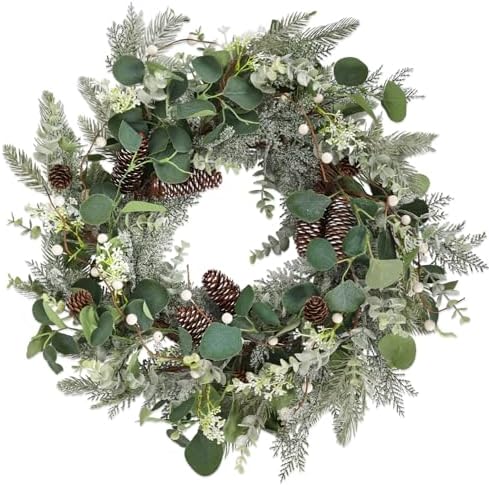 22 Inch Frosted Christmas Wreath with Pine Cones & Berries for Front Door by Montekin