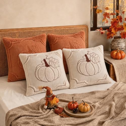 Fall Throw Pillow Covers 18x18 Set of 4 Beige & Orange Pumpkin Pillow Cover - Image 3