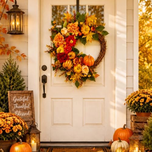 Suncalla Fall Wreath for Front Door 20" Autumn Pumpkin Maple Leaves - Image 6