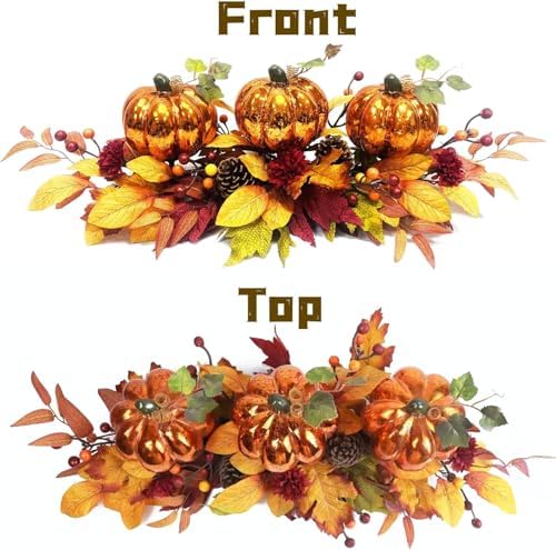 LED Lighted Pumpkin Fall Centerpiece with Maple Leaves, Berries & Pinecones - Battery Operated Thanksgiving Table Decor for Home, Mantel, or Dining - Image 4