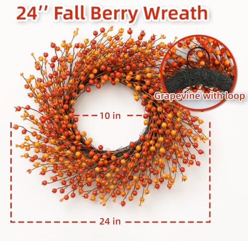 24" Berry Fall Wreath for Front Door, Orange/Yellow Autumn Harvest Wreath - Image 2