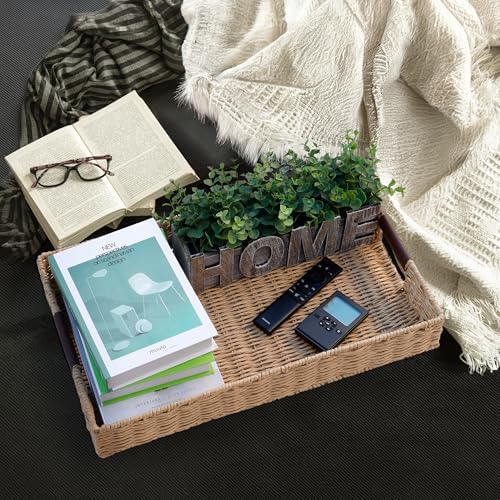 Summit Living Handwoven Multipurpose Rectangle Rattan Tray, 20” x 12” – Durable Wicker Tray with Leather Handles for Home Decor Display - Image 4