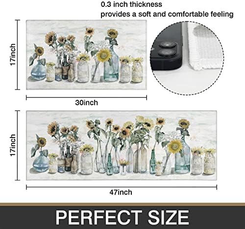 Sunflower Farmhouse Kitchen Rugs Set of 2,Colorful Spring Summer Flowers Kitchen Rugs and Mats Non Skid Washable,Farmhouse Kitchen Runner Rugs with Rubber Backing (17"x48"+17"x30") - Image 3