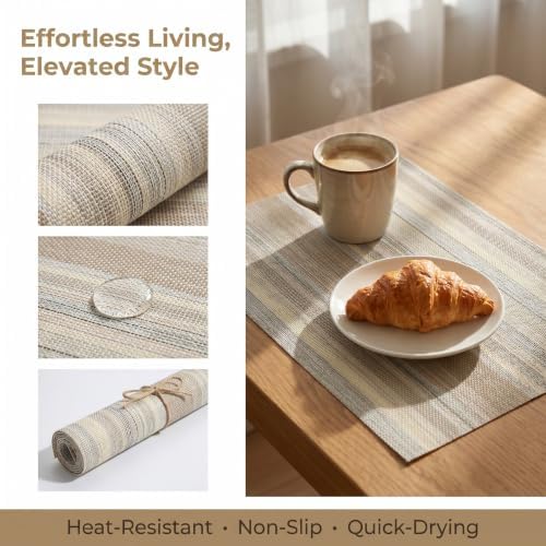 Textile Placemats Set of 6 - Heat Resistant Non-Slip Wipeable Place Mats for Party/Indoor/Outdoor Kitchen Dining Table, Washable Durable Woven Table Mats（Beige, 6） - Image 6