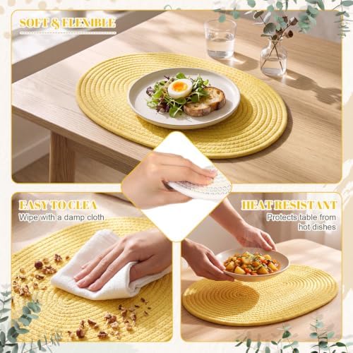 Oval Woven Placemats Set of 6, Cotton Rope 16x12 Inch, Yellow - Image 3