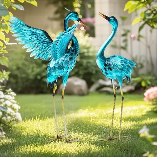 37" Blue Heron Statue Outdoor Decor, Large Metal Cranes for Garden by Unknown