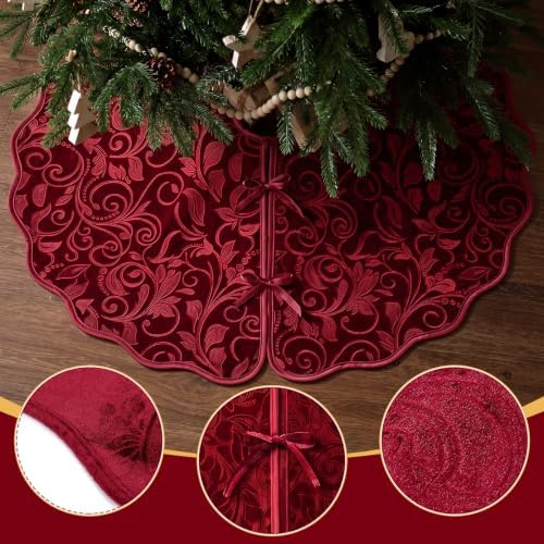 Velvet Christmas Tree Skirt Decor, 48 Inches, Scalloped Edge, Red - Image 4