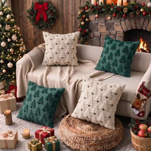 Christmas Throw Pillow Covers 20x20 inch Set of 4, Beige and Green Xmas Tree Holiday Winter Living Room Soft Fluffy Plush Faux Fur Wool Decorations for Sofa Couch Bed - Image 4
