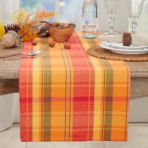 Terracotta Orange Holiday Harvest Plaid Design Cotton Runner. 16"x72" Oblong - Image 2