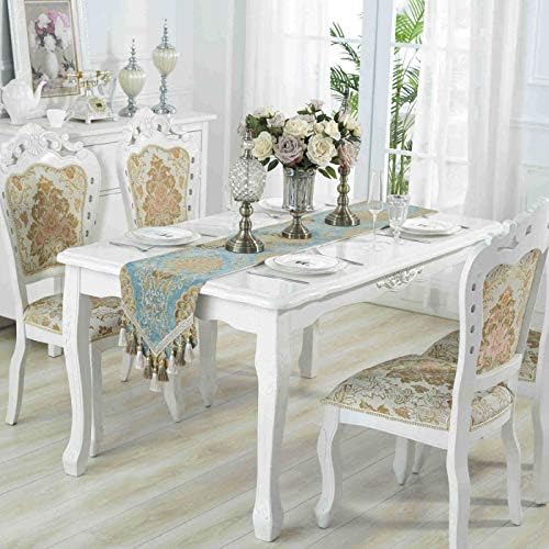 Embroidery Luxury Table Runner Jacquard Fabric Table Runner with Multi-Tassels for Dining Room Dresser Wedding Party Decorations, 13" x 82", Blue - Image 3