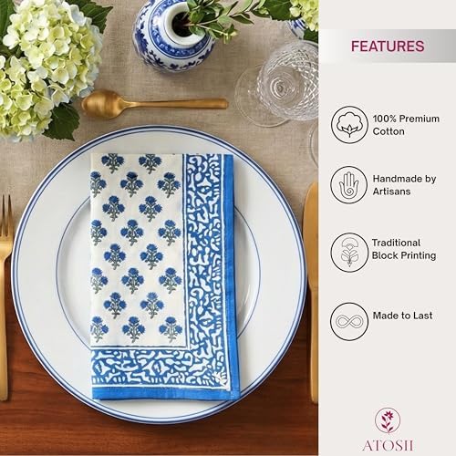 ATOSII Gulbahar Blue 100% Cotton Designer Summer Dinner Napkins, Block Print, Washable Durable Table Linen for Everyday Use Weddings Parties Outdoors I 20 X 20 Inches I Set of 4 I - Image 4