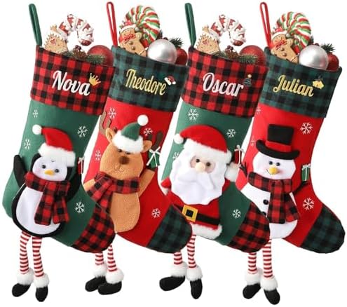 Personalized Christmas Stockings with Embroidered Name & Monogram,Custom 3D Xmas Character Stocking 5 Pack 18” Large,Santa,Snowman & Reindeer Fireplace Hanging Red Burlap Plaid Stockings(E) by Infiher