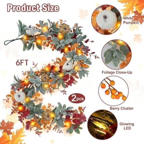2PCS 6FT Fall Garland with Light(Pre-Lit) for Mantel, Arch, Indoor, Outdoor - Image 3