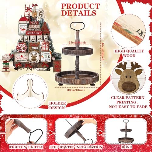 Nuogo 24 Pcs Christmas Tiered Tray Decorations Set and 2 Tiered Tray Stand With Handle - Winter Table Tabletop Snowman Decor for Home Farmhouse Hot Cocoa - Image 2