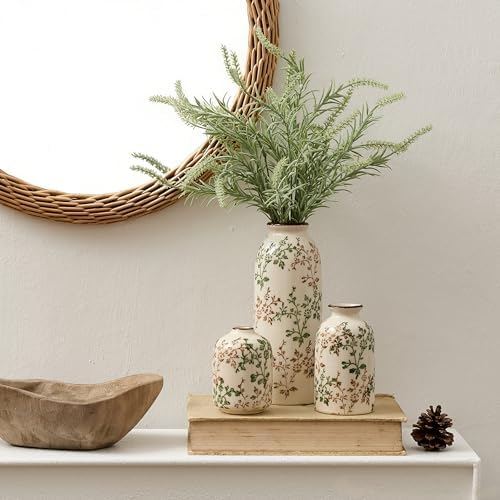 Green and Beige Antique Vase Set of 3, Vintage Chinoiserie Floral Vase, Rustic Ceramic Vase for Home Decor, Living Room, Bookshelf, Office, Entryway, Garden, Chinoiserie Decor, Tuscan Decor - Image 4