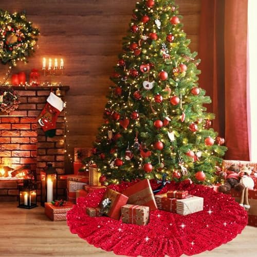 Red Tree Skirt 45 Inch Sequin Christmas Tree Skirt Ruffle - Image 2