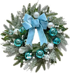 22 Inch Lighted Christmas Wreath with Timer, Blue Bow and Ornaments - Image 2