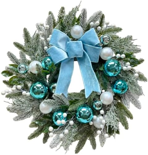 22 Inch Lighted Christmas Wreath with Timer, Blue Bow and Ornaments - Image 2