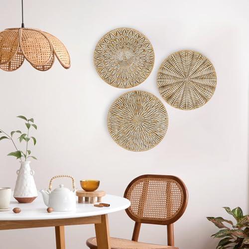 Arborus Set of 3 Rustic Floral Round Metal Wall Art - Intricate 3D Design with Sturdy Hooks, Gold and Beige Decorative Plates (11.8" Diameter) - Image 4