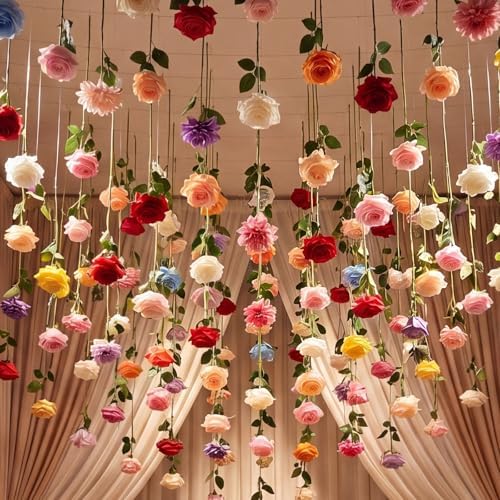 Lyrow 120 Pack Artificial Flower Hanging Flowers Ornament Floating Garland Ceiling Strings for Wedding Anniversary Engagement Marriage Proposal Floral Birthday Party Decor (Rose,Colorful) - Image 5