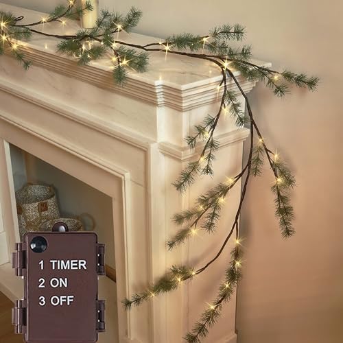 Birchlitland Lighted Pine Garland Battery Operated with Timer 6FT 48 LED Fairy Lights, Christmas Garland with Lights Wall Patio Wedding and Holiday Decor - Image 2