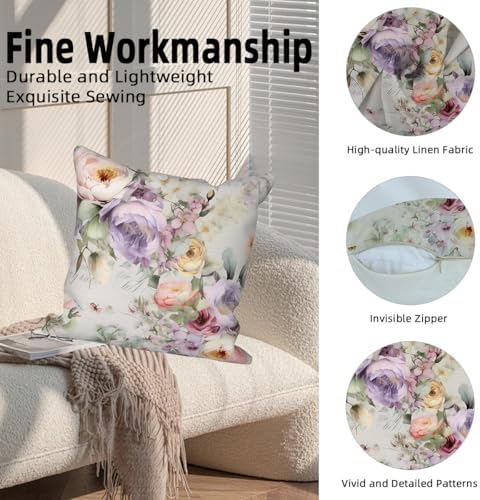 Colorful Floral Throw Pillow Covers 26''x26'' Set of 4, Vintage Flowers Pillow Cases Decorative Spring Roses Cushion Covers for Couch Sofa Bedroom Farmhouse Livingroom Garden Patio Car - Image 2