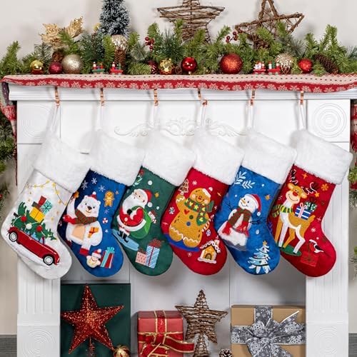 BHD BEAUTY Christmas Stocking 6 Pack Green Blue Red Velvet Embroidery Pattern Soft Faux Fur for Family Decorations Hanging Ornament for Xmas Holiday Party by bhdbeauty
