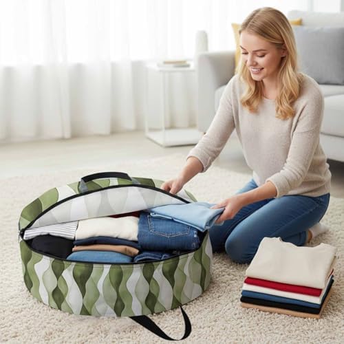 Sage Green Ripple Round Storage Bag 30 Inch, Abstract Gradient Watercolor Modern Clothes Storage Container with Handles Heavy Duty Organizer for Comforter, Bedding & Holiday Wreaths - Image 3
