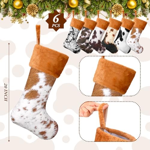 6 Pack Cow Print Christmas Stockings 20 Inch Large Plush Xmas Animal Cuff Stockings Hanging Ornaments Socks for Western Fireplace Mantel Stairway Decorations(Brown Cuff) - Image 2