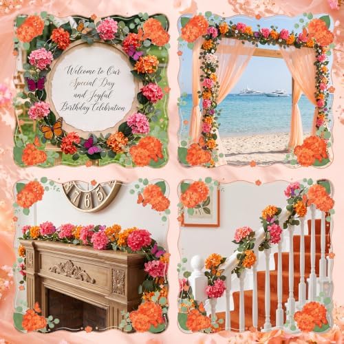 1 Pcs 6ft Artificial Hydrangea Floral Garland with Eucalyptus Leaves, Butterflies and Lights, Fake Flower Vines for Wedding Arch Wall Table Centerpiece Summer Party Decor (Pink and Orange) - Image 5