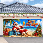 7x16FT Christmas Summer Garage Door Cover Decorations Christmas Santa Claus Beach Vacation Garage Door Banner for Outdoor Indoor Christmas Decorations Party Photography Backdrop by ANNAQUEEN