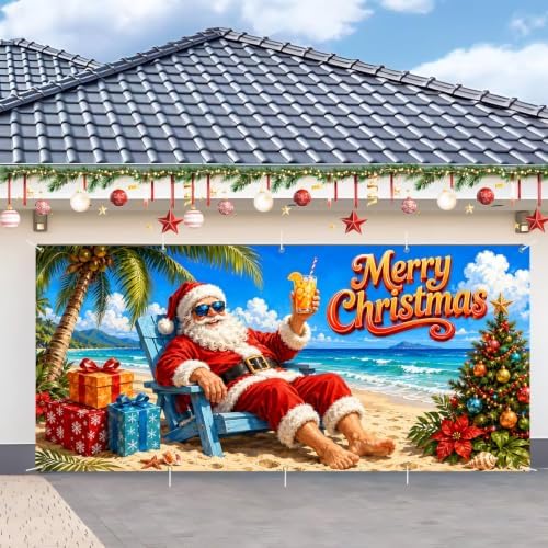 7x16FT Christmas Summer Garage Door Cover Decorations Christmas Santa Claus Beach Vacation Garage Door Banner for Outdoor Indoor Christmas Decorations Party Photography Backdrop by ANNAQUEEN