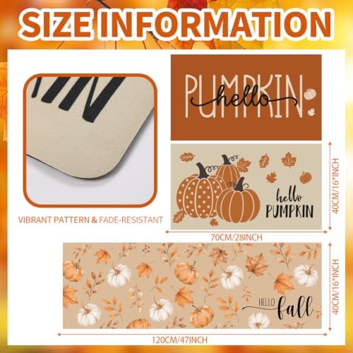 3Pcs Hello Fall Pumpkin Non‑Slip Doormat Maple Leaf Seasonal Kitchen Mats | Diatomaceous Earth Harvest Floor Rugs, 16x28 16x47 Inch for Front Door Entryway Indoor Patio, Farmhouse Home Decor - Image 3