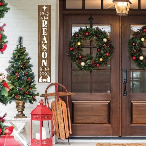 SRongmao Jesus Is The Reason For The Season Porch Sign Christmas Front Door Hanging Decorations 8x63inch Vertical Wooden Indoor Outdoor Standing Signs For Home Yard Farmhouse Holiday Decor - Image 5
