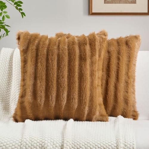 FUTEI Pack of 2 Faux Mink Fur Throw Pillow Covers 24x24 Inch, Camel by FUTEI