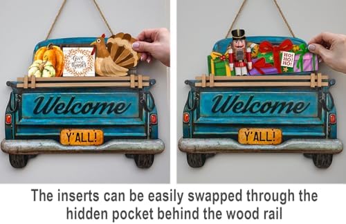 Interchangeable Welcome Sign for Front Door Blue Farmhouse Truck Decor Hanging Sign with 11 Interchangeable Seasonal and Holiday Decor Signs 12x14 in. (Blue Farmhouse Truck) - Image 3