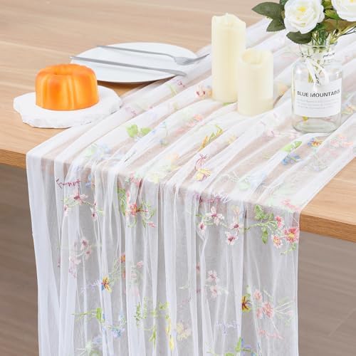 BINBE 6pcs Ivory Florals Table Runner Embroidery Gauze 10FT Daisy Seasonal Tulle Birthday Wedding Holiday Kitchen Dining Table Decor for Home Party by BINBE