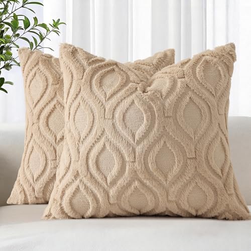 decorUhome Faux Fur Soft Light Khaki Throw Pillow Covers 24x24 Set of 2 by decorUhome