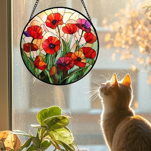 Red Poppy Flower Stained Glass Window Hanging Suncatcher Gifts for Mom 9.8" - Image 2