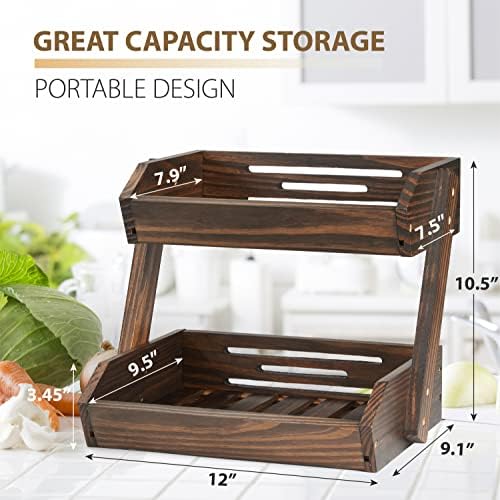 Large Capacity 2-Tier Wooden Fruit Basket, Durable Acacia Wood, 10.5" Tall, Spacious for Produce, Vegetables, Bread Storage and Home Kitchen Countertop - Image 4