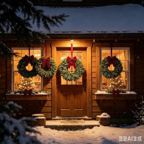 6 Pcs Small Christmas Hanging Wreaths with Artificial Cedar Pine Greenery Burgundy Dark Red Velvet Ribbon Mini Front Door Wreath for Porch Window Cabinet Wall Farmhouse Christmas Winter Holiday Decor - Image 3