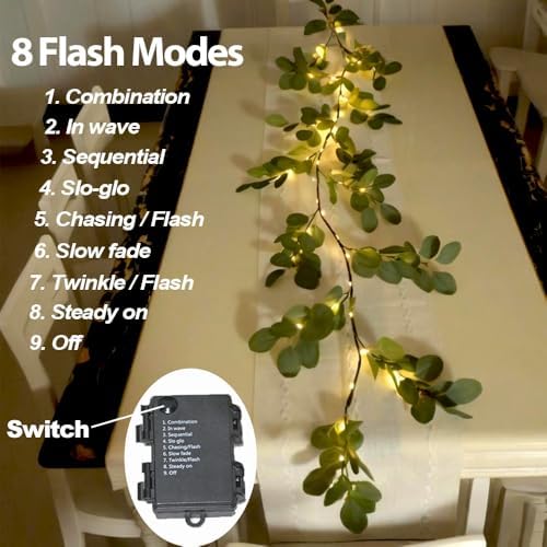 6.56FT Eucalyptus Garland with Lights 96 LEDs 8 Modes Battery Operated with Timer Faux Twig Vine Lights Spring Greenery Garlands for Mantle Fireplace Wall Table Stairs Wedding Party Bedroom Home Decor - Image 4