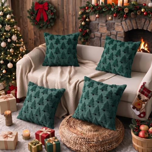 Christmas Throw Pillow Covers 16x16 inch Set of 4, Green Xmas Tree Holiday Winter Living Room Soft Fluffy Plush Faux Fur Wool Decorations for Sofa Couch Bed - Image 4