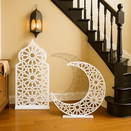 Sintuff 2 Pack Large Wooden Ramadan Decor Islamic Eid Mubarak 3ft Crescent Moon & 4ft Mosque Dome White Floor Decor for Room Entrances Ramadan Kareem Gift Party Home Decoration, Lights Not Included - Image 5
