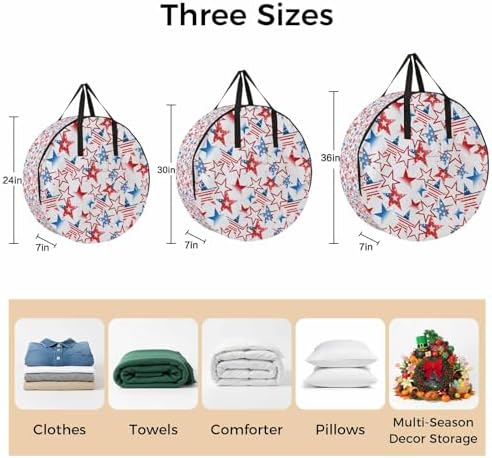 Independence Day Round Storage Bag 24 Inch, American Flags Blue Red Stars Memorial Day Clothes Storage Container with Handles Heavy Duty Organizer for Comforter, Bedding & Holiday Wreaths - Image 7