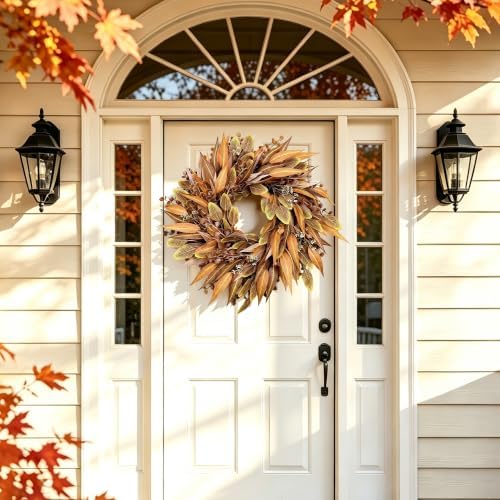26" Artificial Fall Wreath, Front Door, Seeded Autumn Decor - Image 3