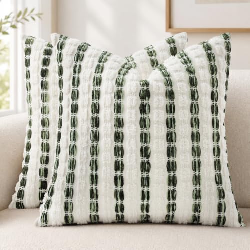 decorUhome Chenille Tufted Stripe Throw Pillow Covers 20x20 Set of 2 Green by decorUhome