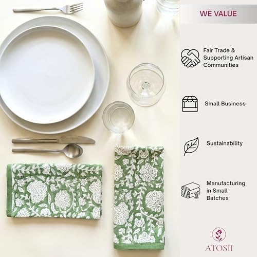 ATOSII Shalimar Green 100% Cotton Fall Cloth Designer Dinner Napkins, Handblock Print, Washable Durable Linen for Everyday Use Wedding Parties Outdoors Christmas I 20 X 20 Inches I Set of 4 - Image 5