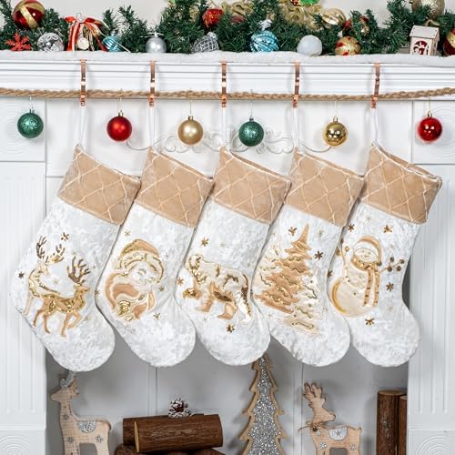 LUBOT New Christmas Stockings Set of 5 Embroidered 20" Xmas Family Traditional Fireplace Hanging Gold Sequin Decor Velvet Satin Fabric Gifts for Christmas Holiday - Image 4