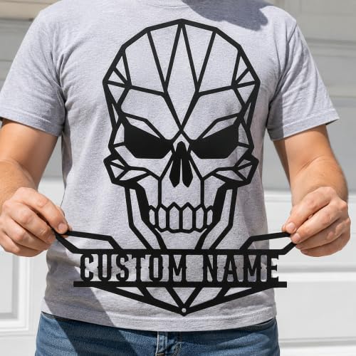 Personalized Skull Metal Sign, Custom Name Garage Decor, Geometric Wall Art by OWFCBEI